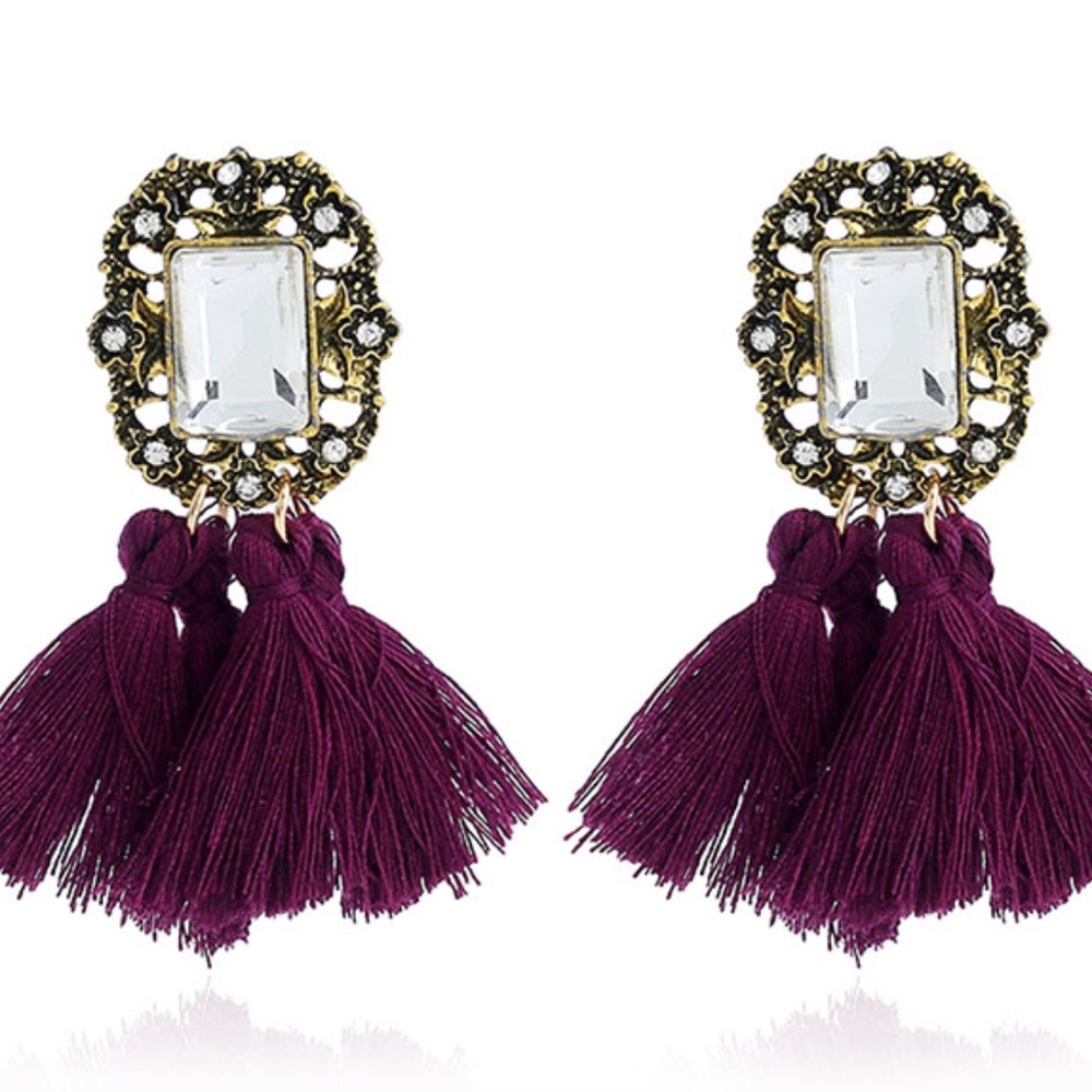 Purple Fringe Tassel Gemstone Stud Dangle Earrings - Picture 6 of 7